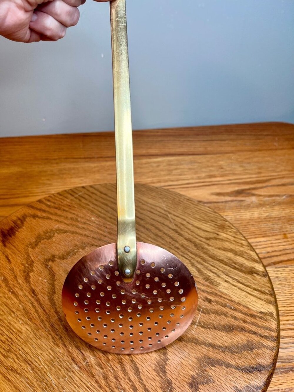 Vintage Copper Skimmer/ Strainer with Long Brass Handle - Picture 8 of 10